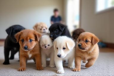 A group of diverse puppies playing together in a clean indoor facility.